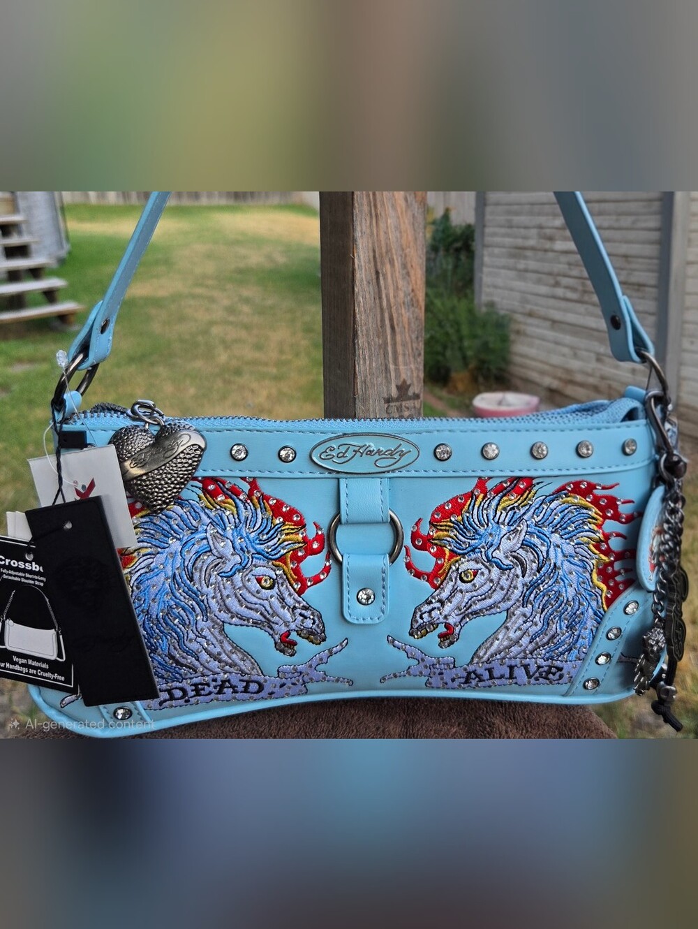Ed Hardy Women's Light Blue Embroidered Horse Purse